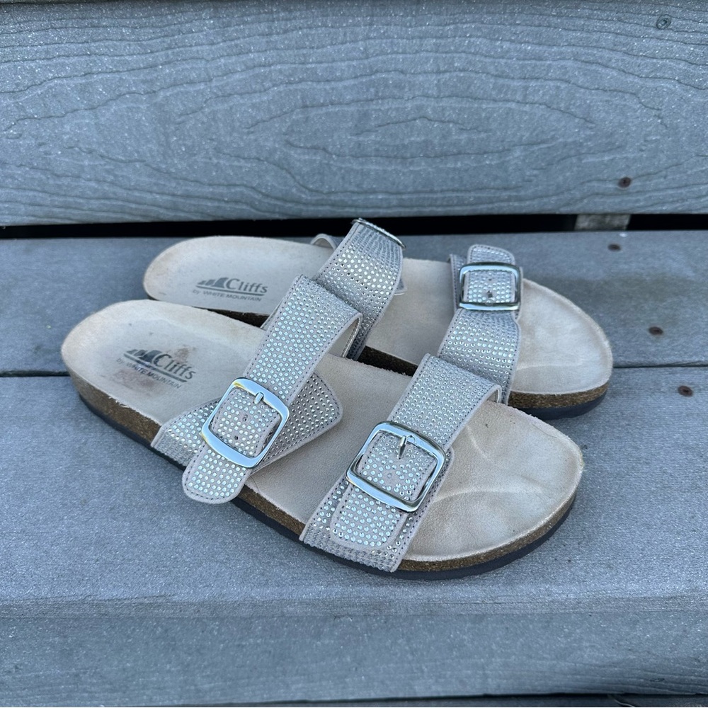 Cliffs White Mountain Gloris 2 Strap Nude Beige Rhinestone Slip-On Sandals 9.5W